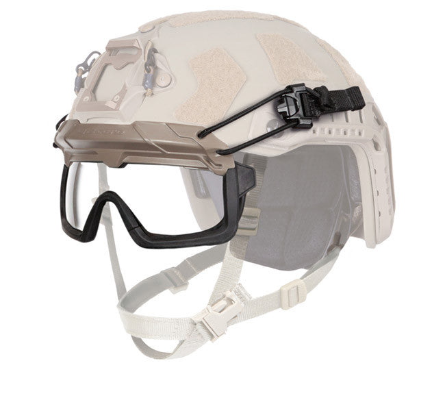 Ops-Core STEP-IN® Visor attached to a tactical helmet, designed for NVG compatibility and eye protection.