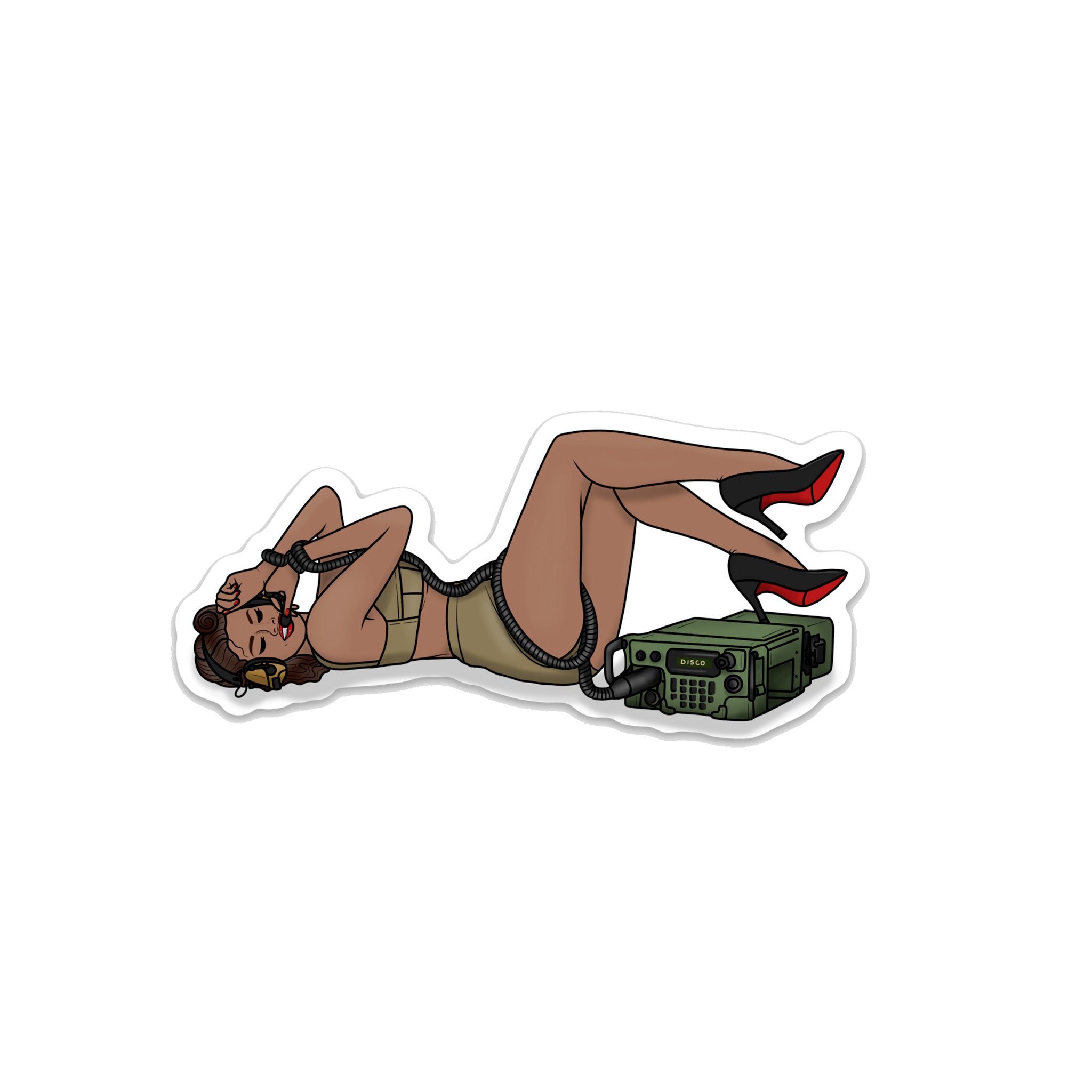 Sticker design of a woman in a stylish outfit, lying beside a vintage boom box.